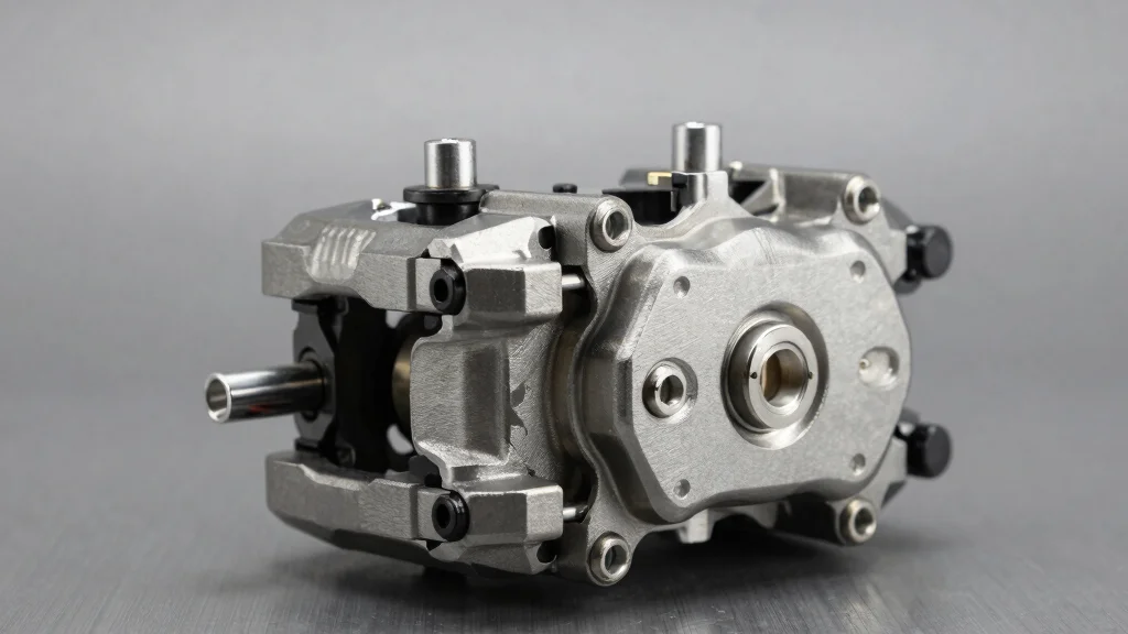 Clean studio shot of a heavy-duty truck brake caliper on a neutra