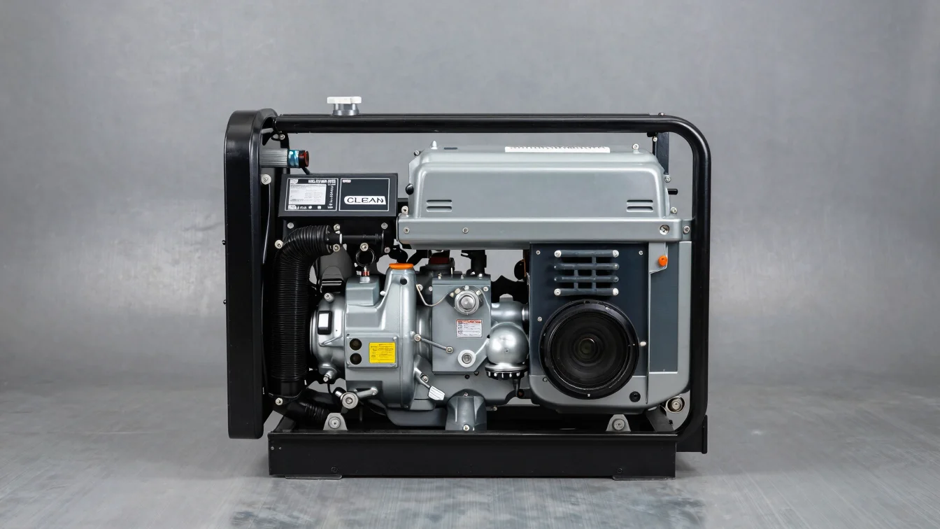 Clean studio shot of a compact diesel generator unit on a neutral