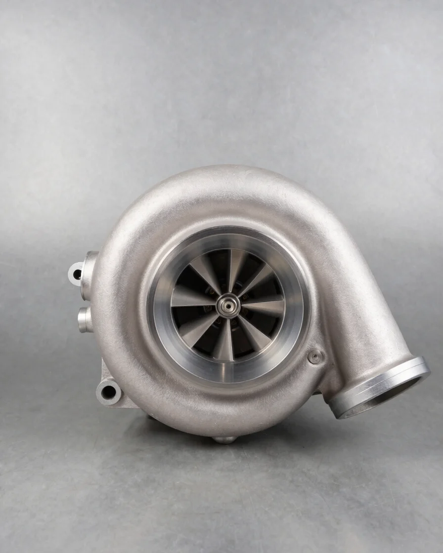 Clean studio shot of a diesel engine turbocharger on a neutral steel gray background, sharp focus, 50mm macro lens.